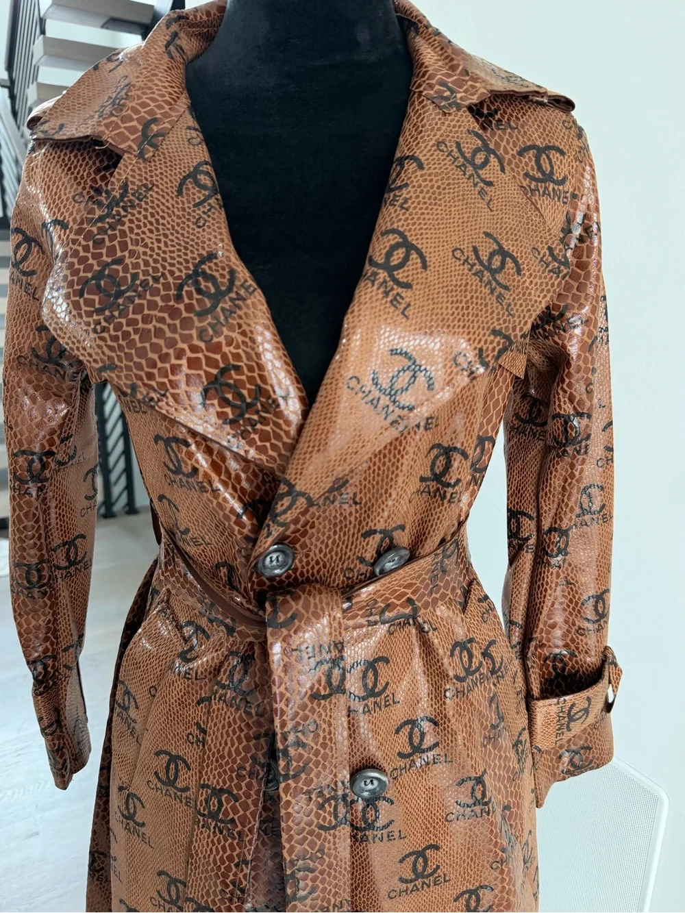 Gorgeous Faux Leather Brown Logo-Print Trench Coat size S